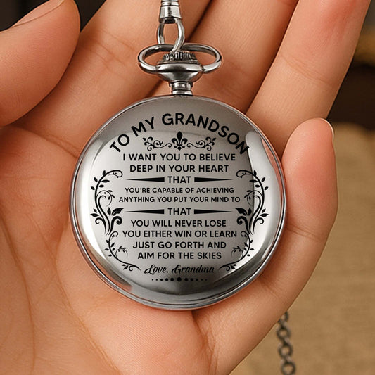 To My Grandson, Believe In Yourself With Elegant Flourishes - Personalized Silver Plated Pocket Watch - GSN001_SWATCH