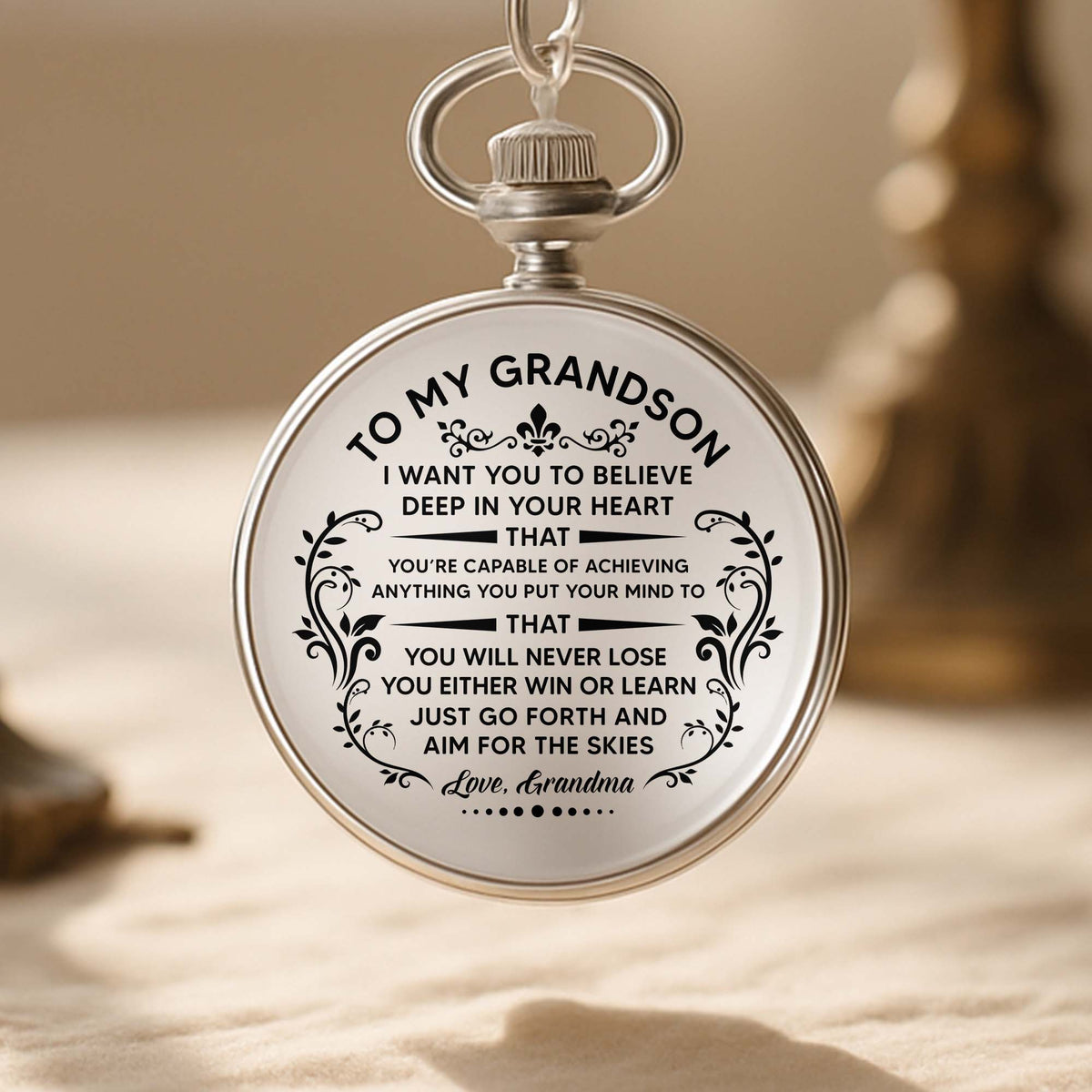 To My Grandson, Believe In Yourself With Elegant Flourishes - Personalized Silver Plated Pocket Watch - GSN001_SWATCH