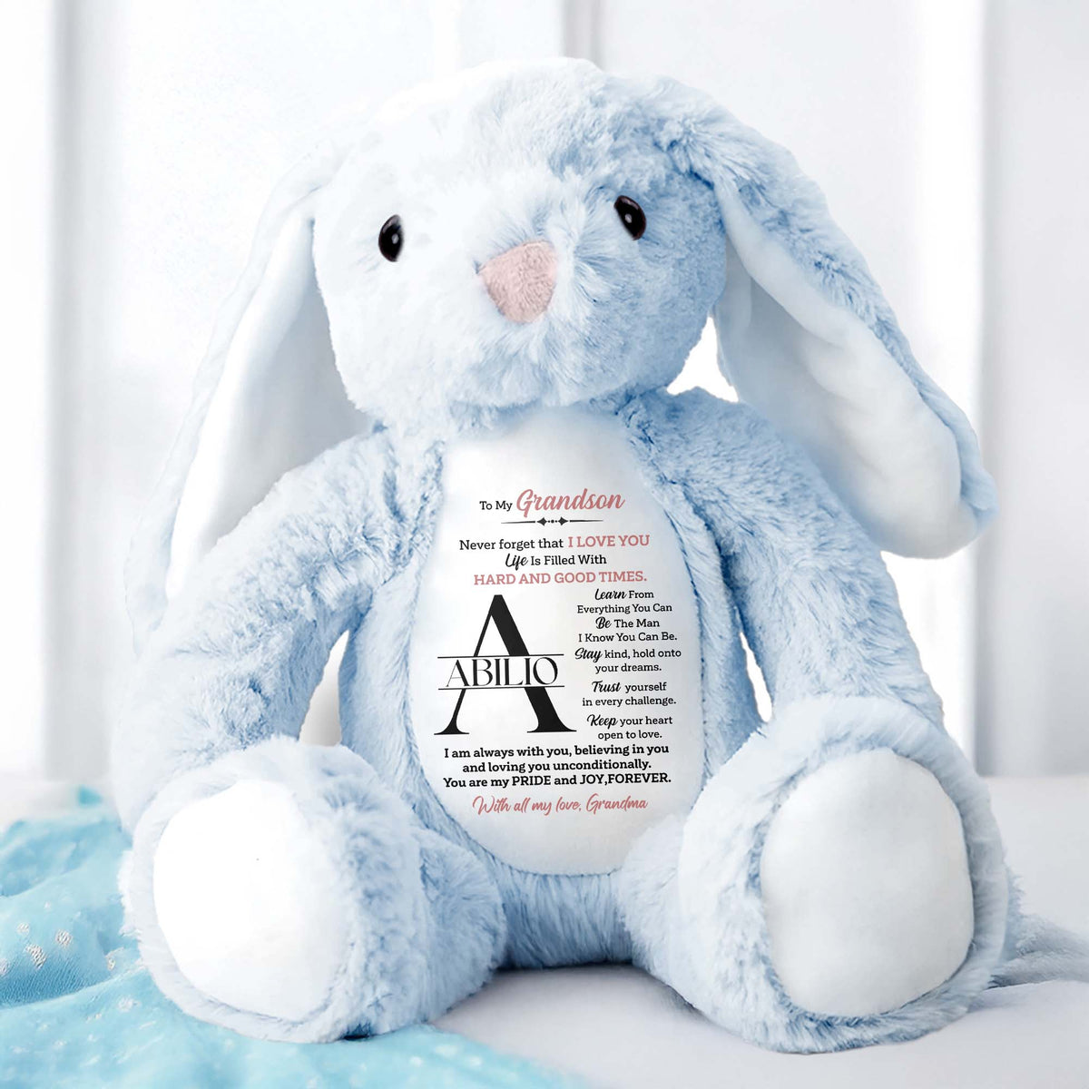 To My Grandson, Never forget that I LOVE YOU, Stuffed Bunny - Personalized Stuffed Bunny - GSN002_BUN