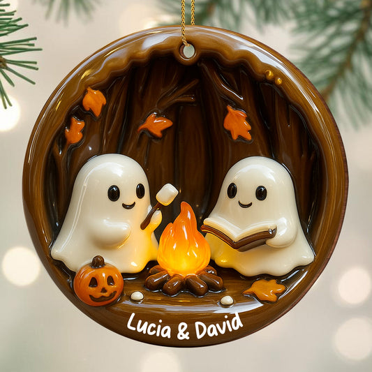 Cozy Halloween Campfire Scene With Ghosts And Pumpkin - Personalized Custom Wood Ornament, Custom Shaped - HALW029_WDO
