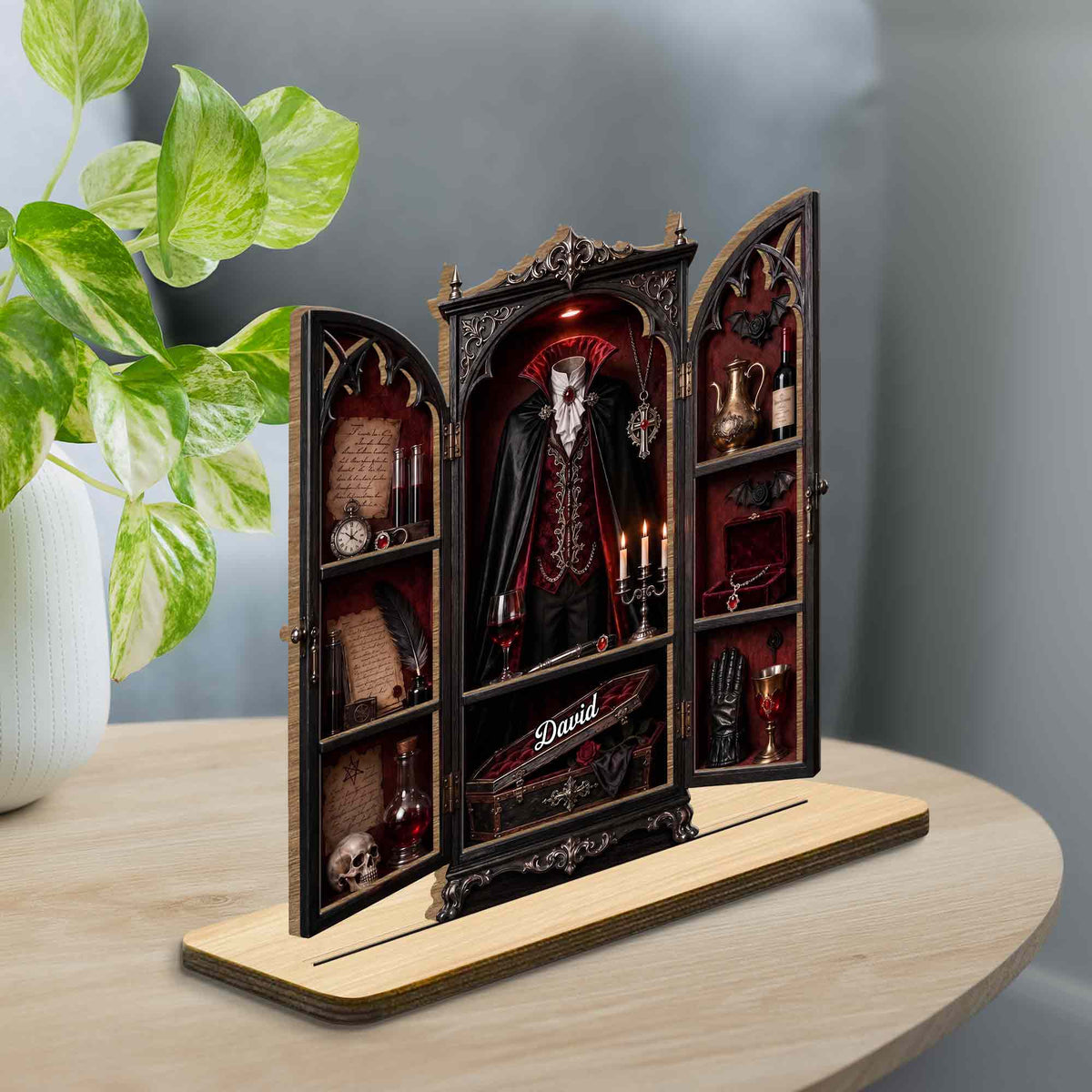 Vampire's Hidden Lair Of The Undead With Gothic Suit And Coffin - Personalized Custom 2-Layer Wood Plaque With Flat Base - HALW113_WPLA
