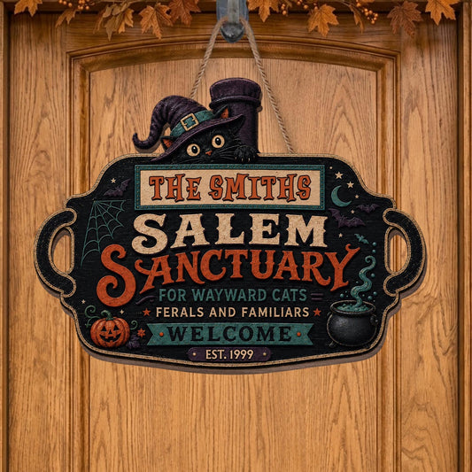 Salem Sanctuary For Wayward Cats With Witch Cat And Pumpkin - Personalized Custom Shaped Wood Sign - HALW146_WSIGN
