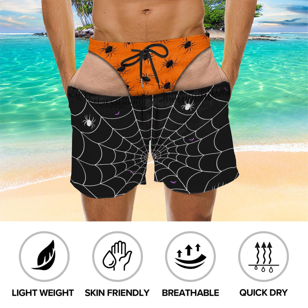 Spooky Vibes Creepy Spiders And Webs Funny Illusion Design - Personalized Men's Beach Shorts - HALW166_MEBES