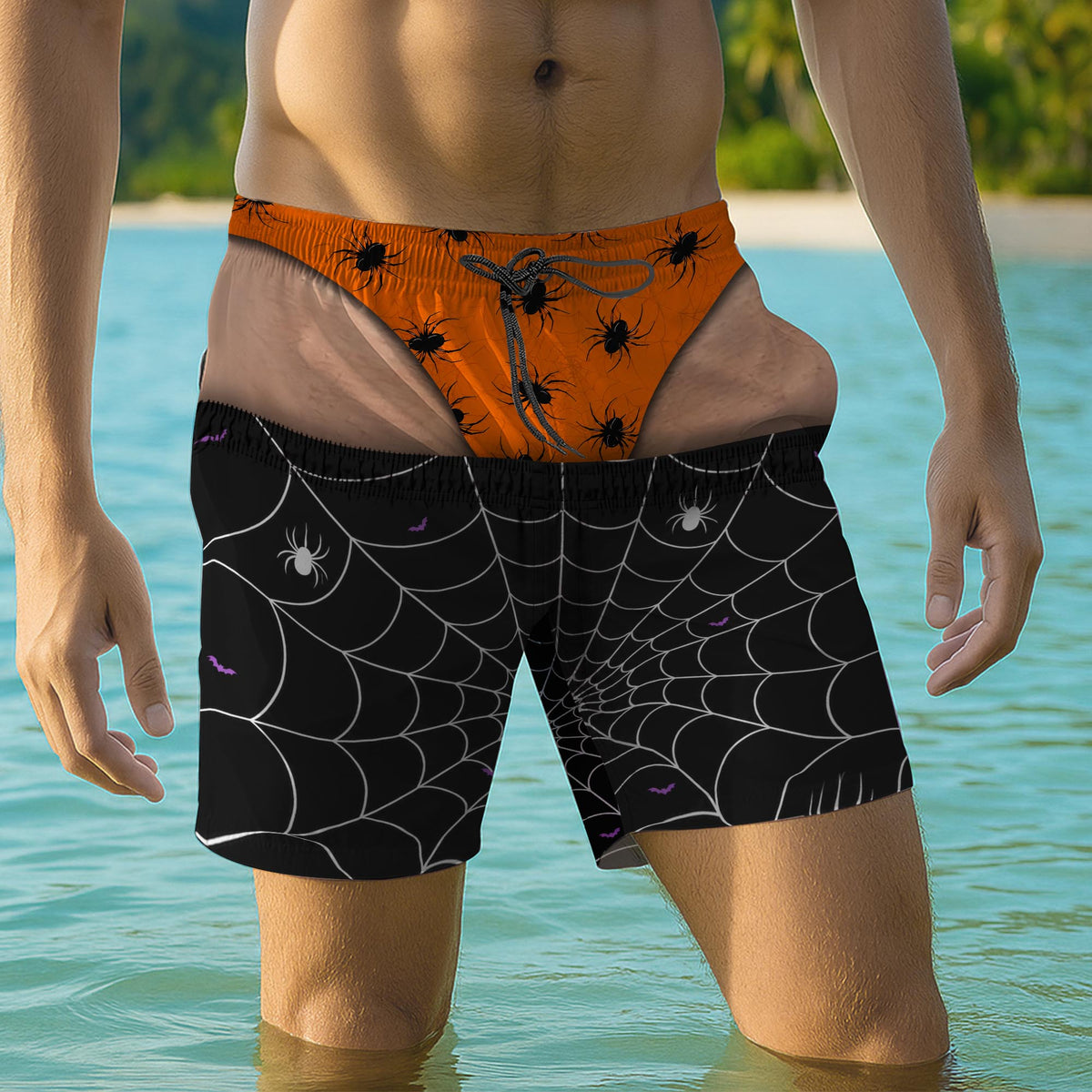 Spooky Vibes Creepy Spiders And Webs Funny Illusion Design - Personalized Men's Beach Shorts - HALW166_MEBES