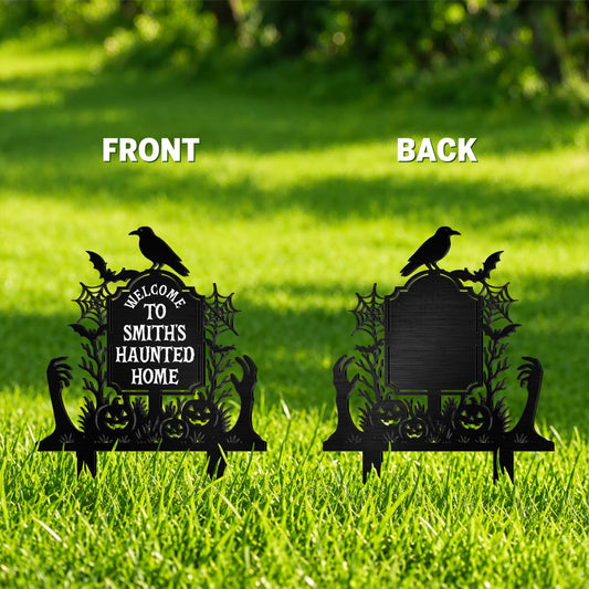 Welcome To Our Haunted Home With Pumpkins And Bats - Personalized Metal Garden Stake - HALW185_MEGSTA