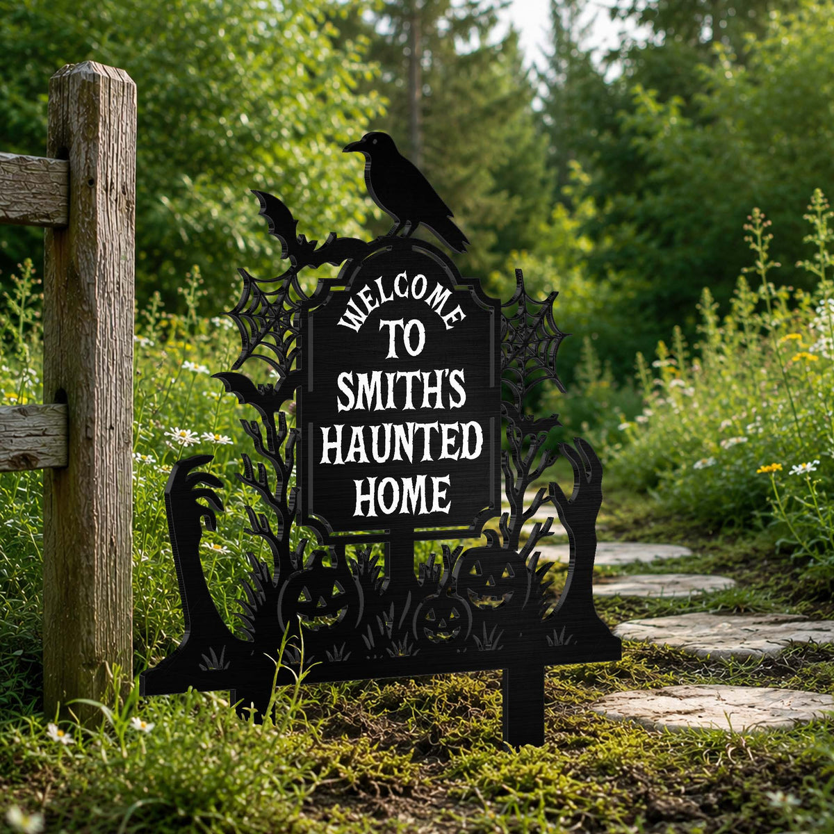 Welcome To Our Haunted Home With Pumpkins And Bats - Personalized Metal Garden Stake - HALW185_MEGSTA