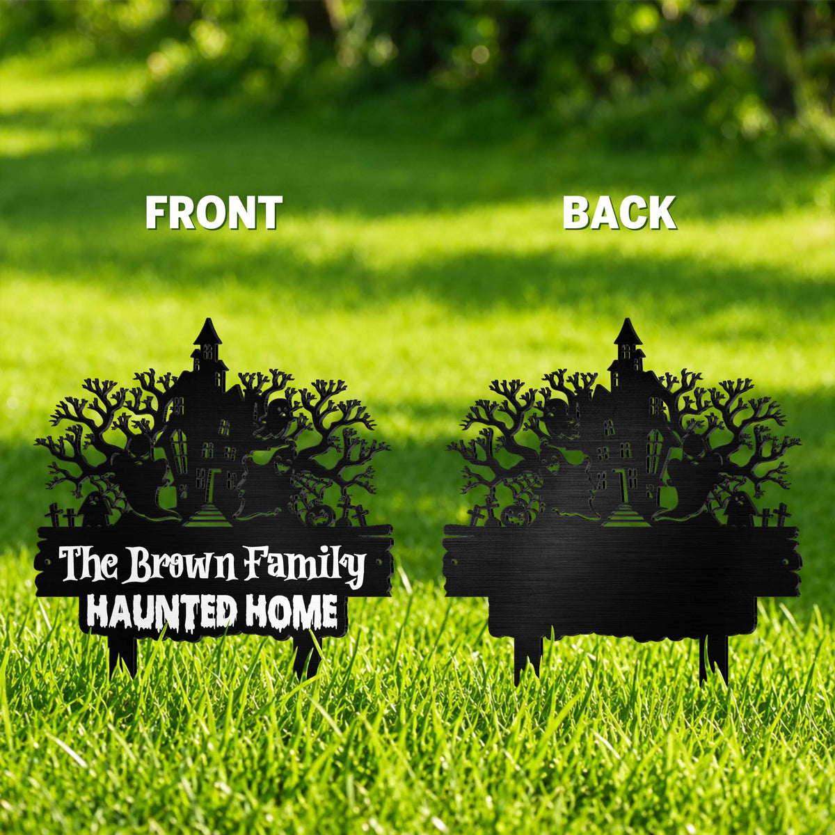 Our Family Haunted Home With Spooky House And Ghosts - Personalized Metal Garden Stake - HALW188_MEGSTA