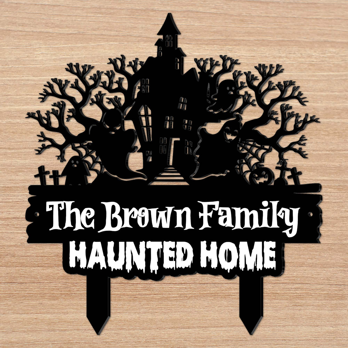 Our Family Haunted Home With Spooky House And Ghosts - Personalized Metal Garden Stake - HALW188_MEGSTA