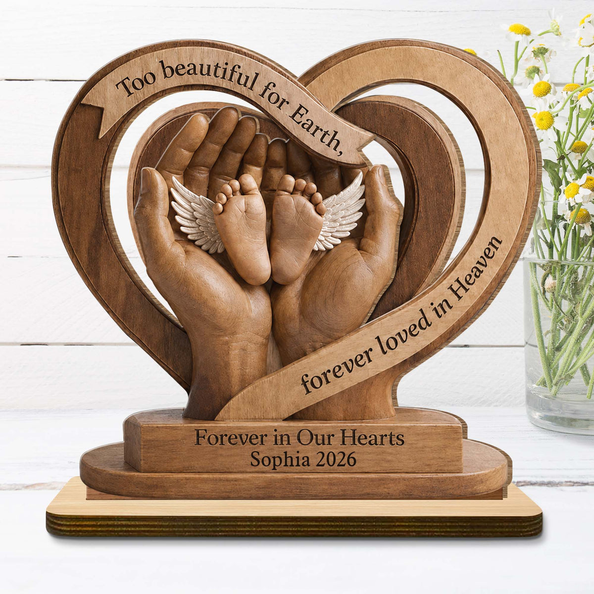 Too Beautiful For Earth Heart Baby Feet Angel Wings - Personalized Custom 2-Layer Wood Plaque With Flat Base - HME586_WPLA