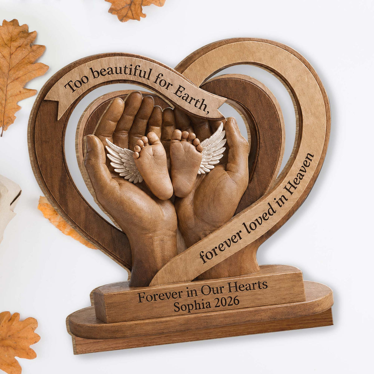 Too Beautiful For Earth Heart Baby Feet Angel Wings - Personalized Custom 2-Layer Wood Plaque With Flat Base - HME586_WPLA