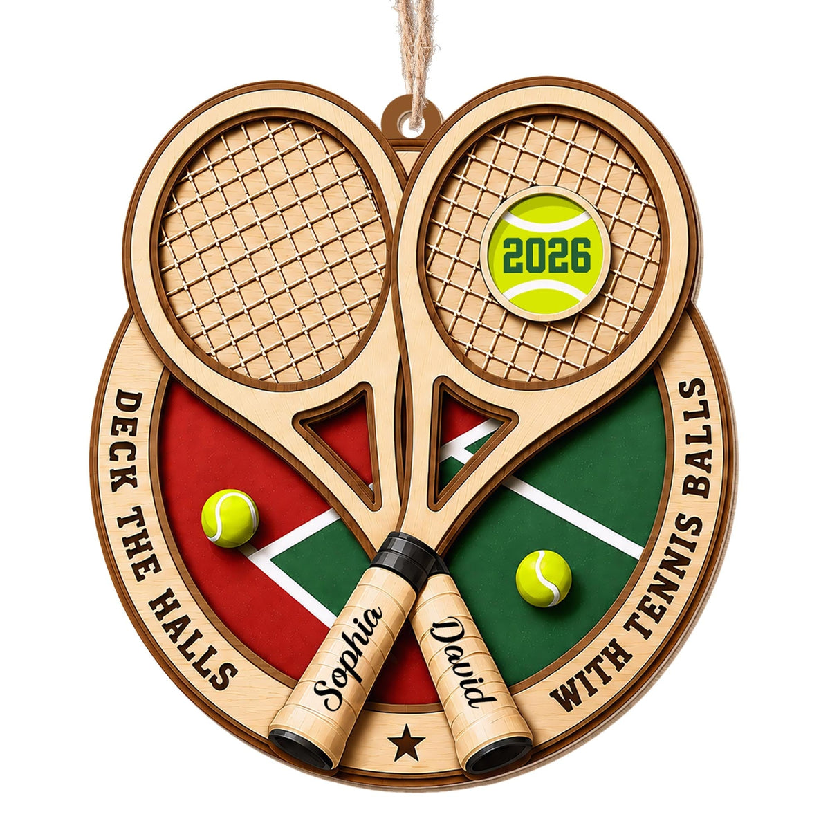 Deck The Halls With Tennis Balls Rackets And Court - Personalized Custom Wood Ornament, Custom Shaped - HOB373_WDO