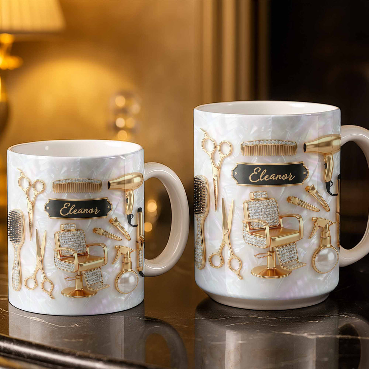 Master of Style Gold Salon Chair Scissors and Professional Hair Artistry - Personalized Custom Coffee Mug - JBS132_MG