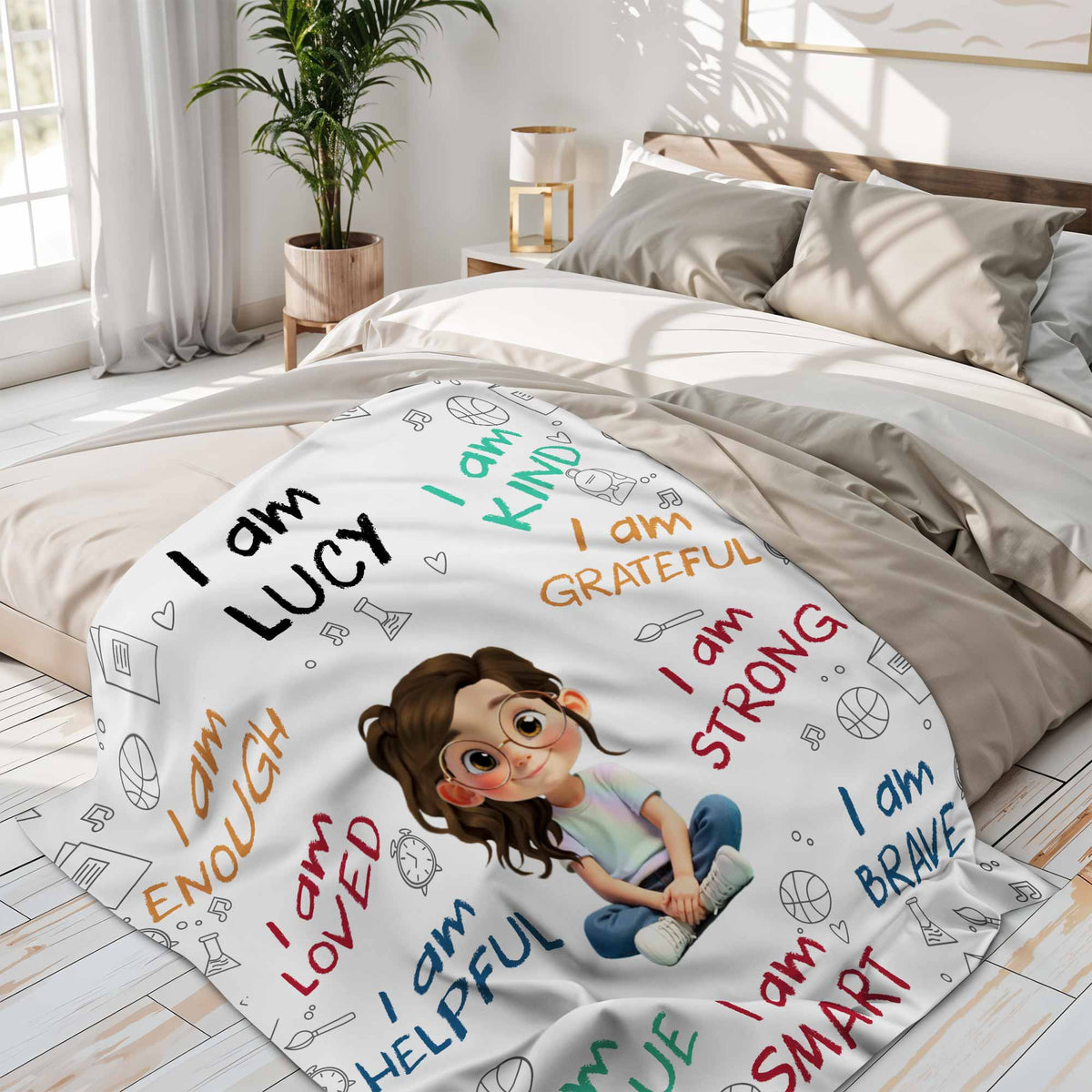 I Am Strong, Brave And Unique, Cartoon Character Blanket - Personalized Custom Blanket - KID243_BLK