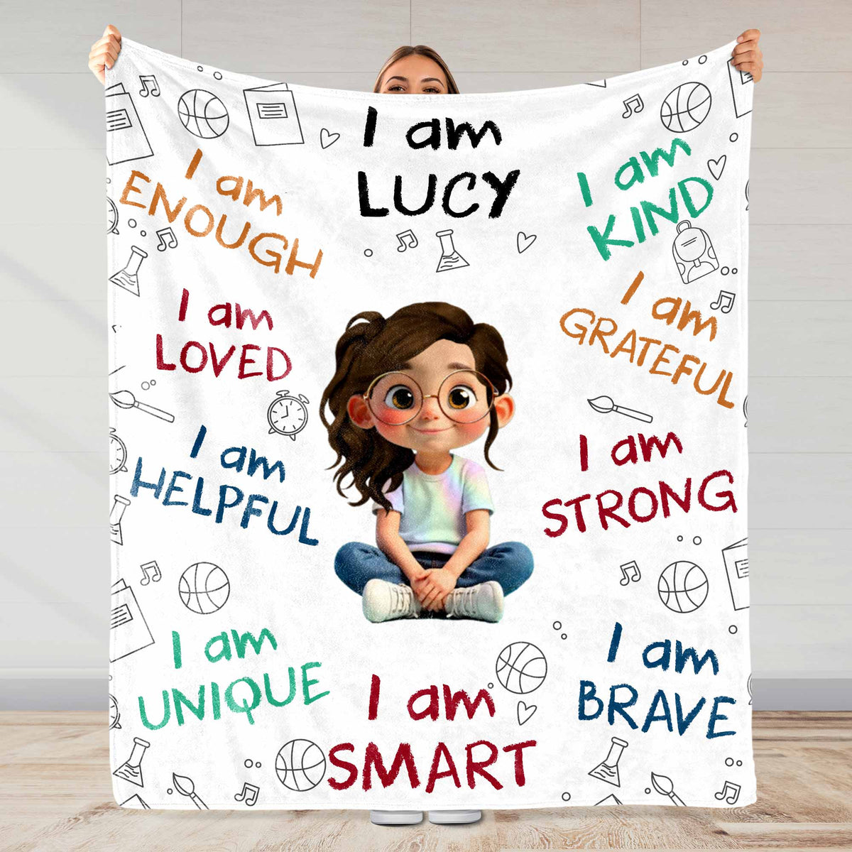 I Am Strong, Brave And Unique, Cartoon Character Blanket - Personalized Custom Blanket - KID243_BLK