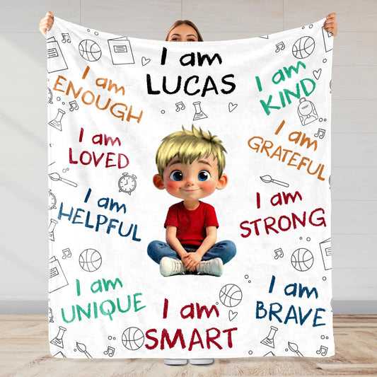 I Am Strong, Brave And Unique, Cartoon Character Blanket - Personalized Custom Blanket - KID243_BLK