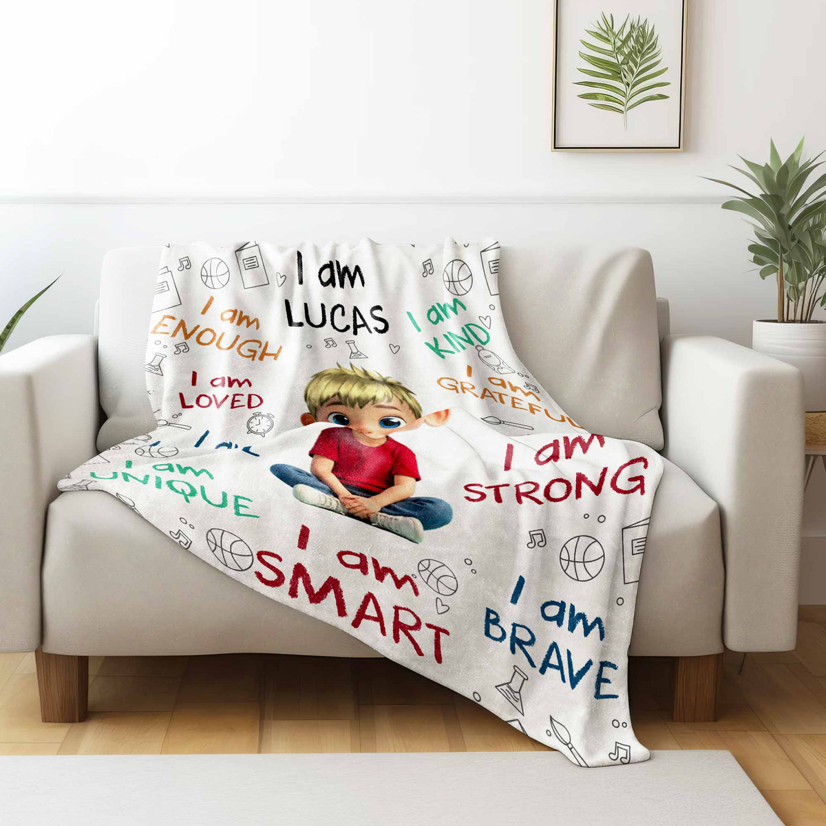 I Am Strong, Brave And Unique, Cartoon Character Blanket - Personalized Custom Blanket - KID243_BLK