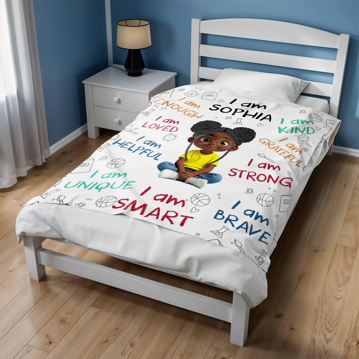 I Am Strong, Brave And Unique, Cartoon Character Blanket - Personalized Custom Blanket - KID243_BLK