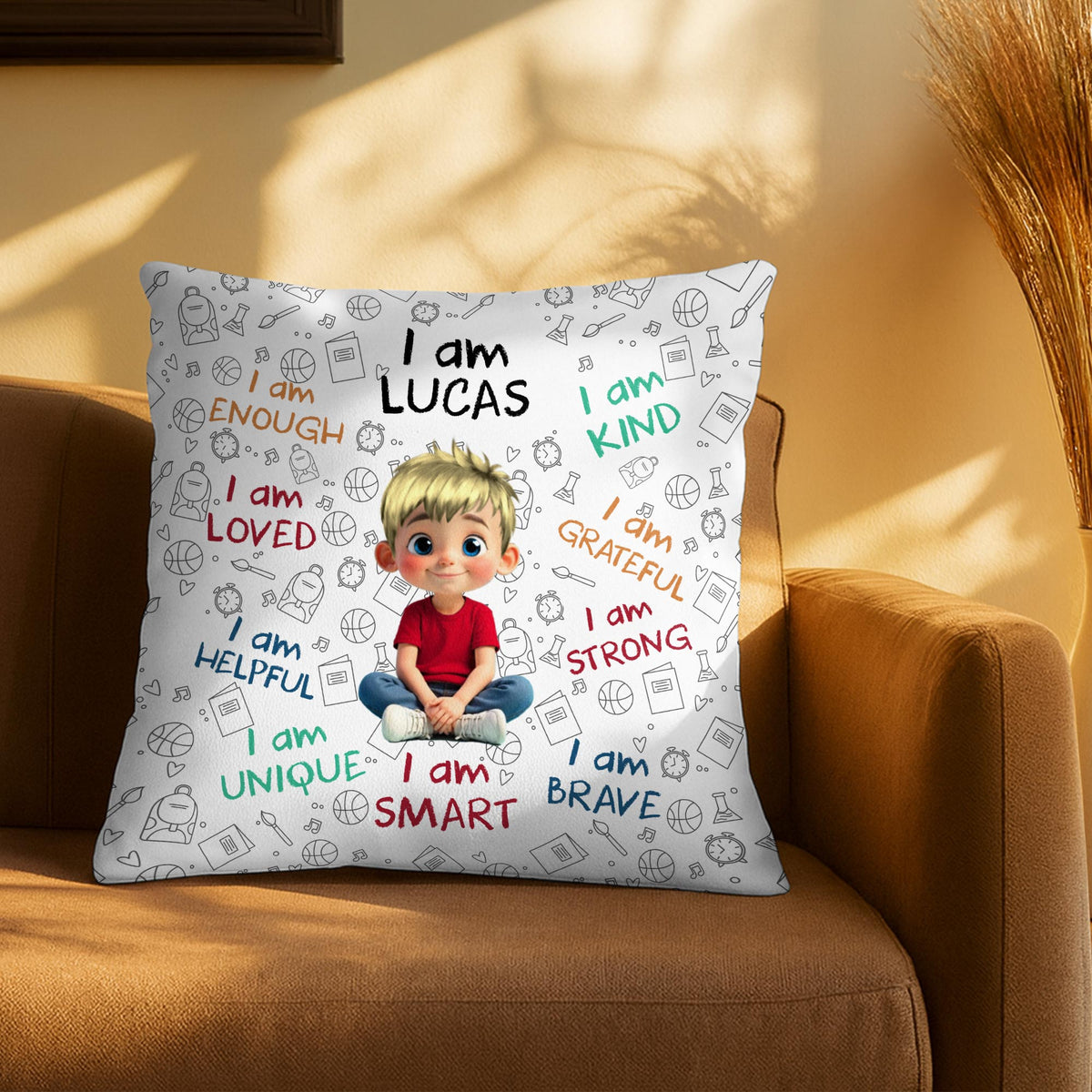 I Am Enough, Loved, Unique, Brave, Cartoon Girl - Personalized Custom Pillow, Insert Included - KID243_PLW