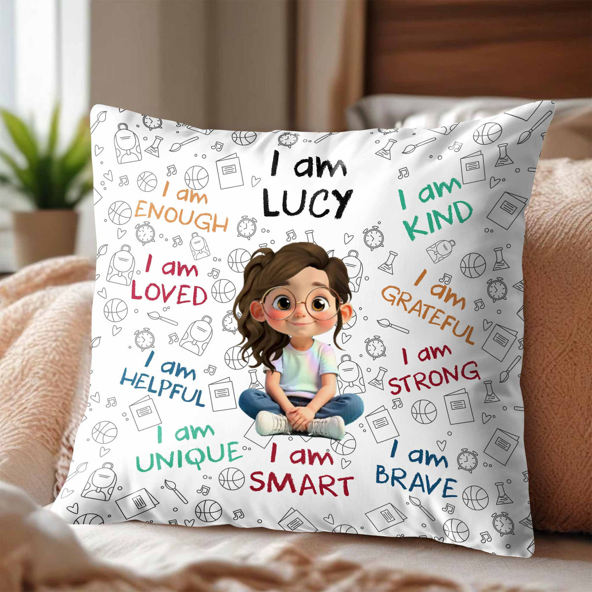 I Am Enough, Loved, Unique, Brave, Cartoon Girl - Personalized Custom Pillow, Insert Included - KID243_PLW