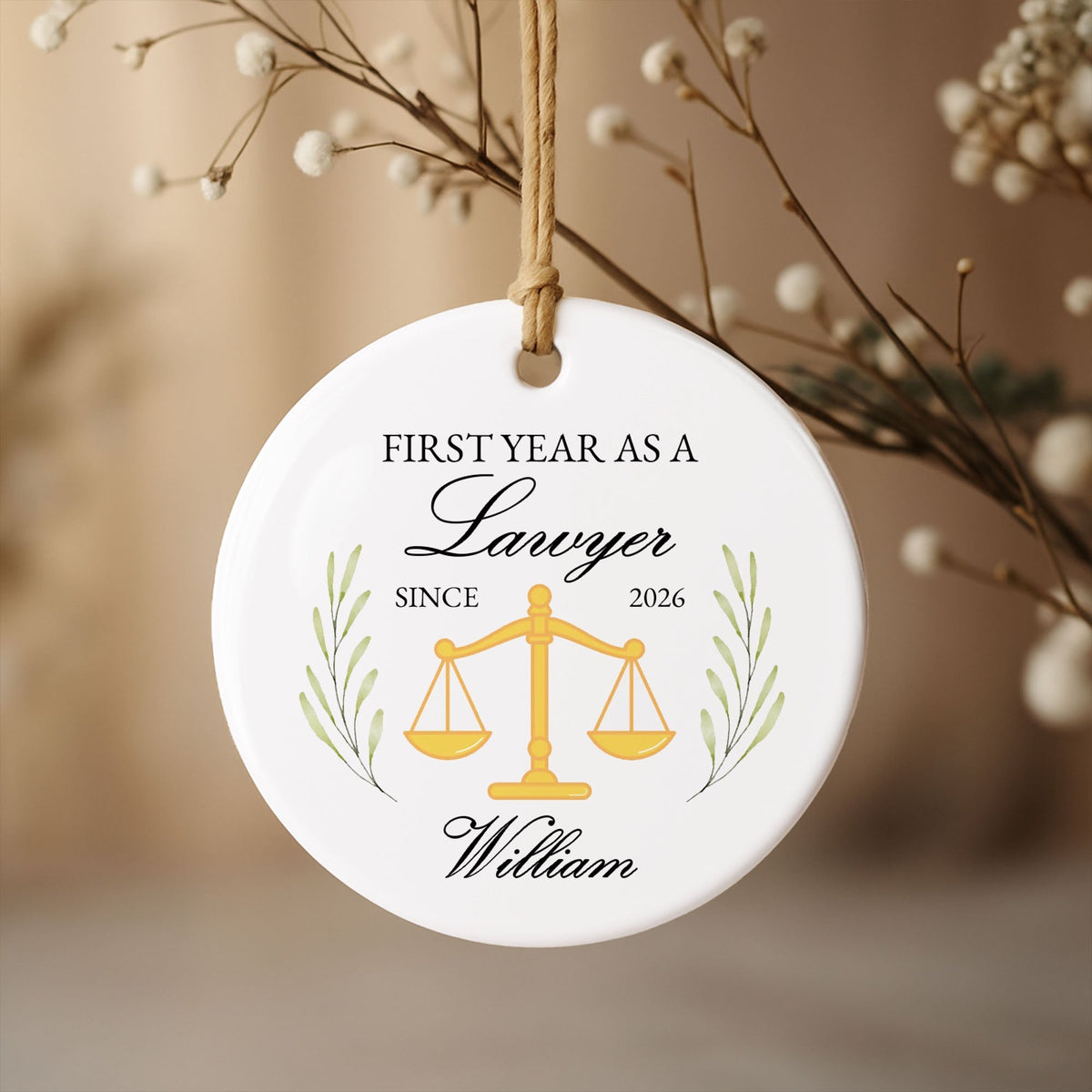 First Year As A Lawyer With Scales Of Justice - Personalized Custom Ceramic Ornament With Round Shape - LAW008_RCE