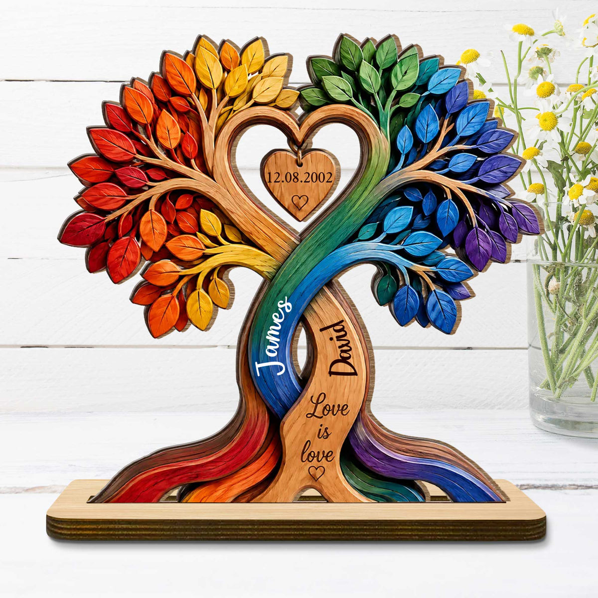 Love Is Love Pride Rainbow Tree With Heart Design - Personalized Custom 2-Layer Wood Plaque With Flat Base - LPRIDE004_WPLA