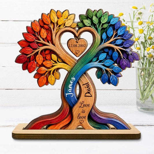 Love Is Love Pride Rainbow Tree With Heart Design - Personalized Custom 2-Layer Wood Plaque With Flat Base - LPRIDE004_WPLA