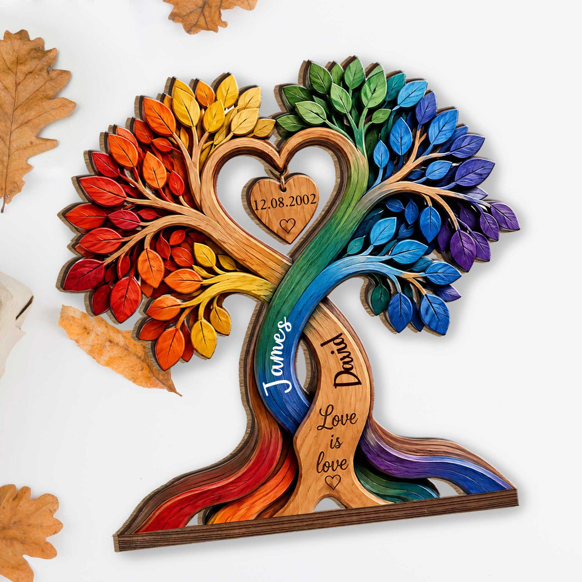 Love Is Love Pride Rainbow Tree With Heart Design - Personalized Custom 2-Layer Wood Plaque With Flat Base - LPRIDE004_WPLA
