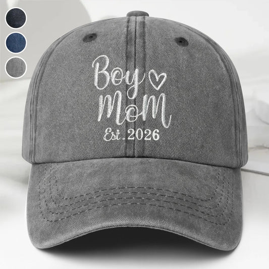 Boy Mom Est With Heart Custom Year - Personalized Custom Washed Denim Cap - MOM291_WDCAP