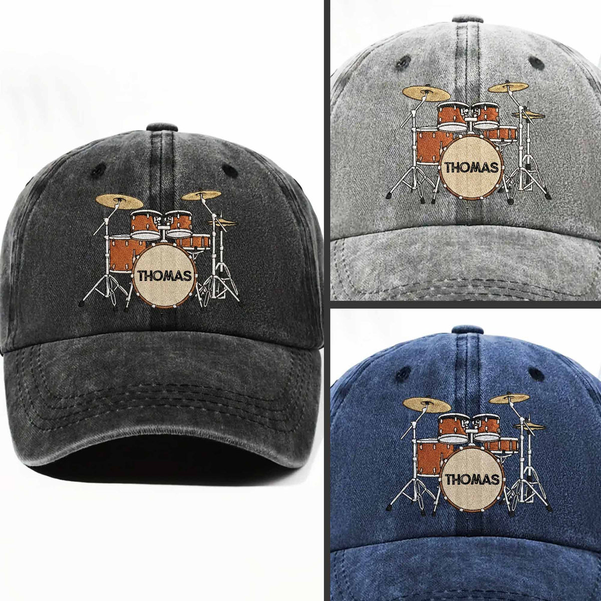 Drummer Personalized Custom Drum Set And Cymbals - Personalized Custom Washed Denim Cap - MUSIC069_WDCAP