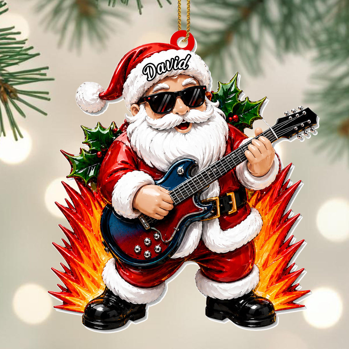 Rocking Around The Christmas Tree Santa Playing Electric Guitar - Personalized Custom Acrylic Ornament, Christmas Gift - MUSIC188_ACO