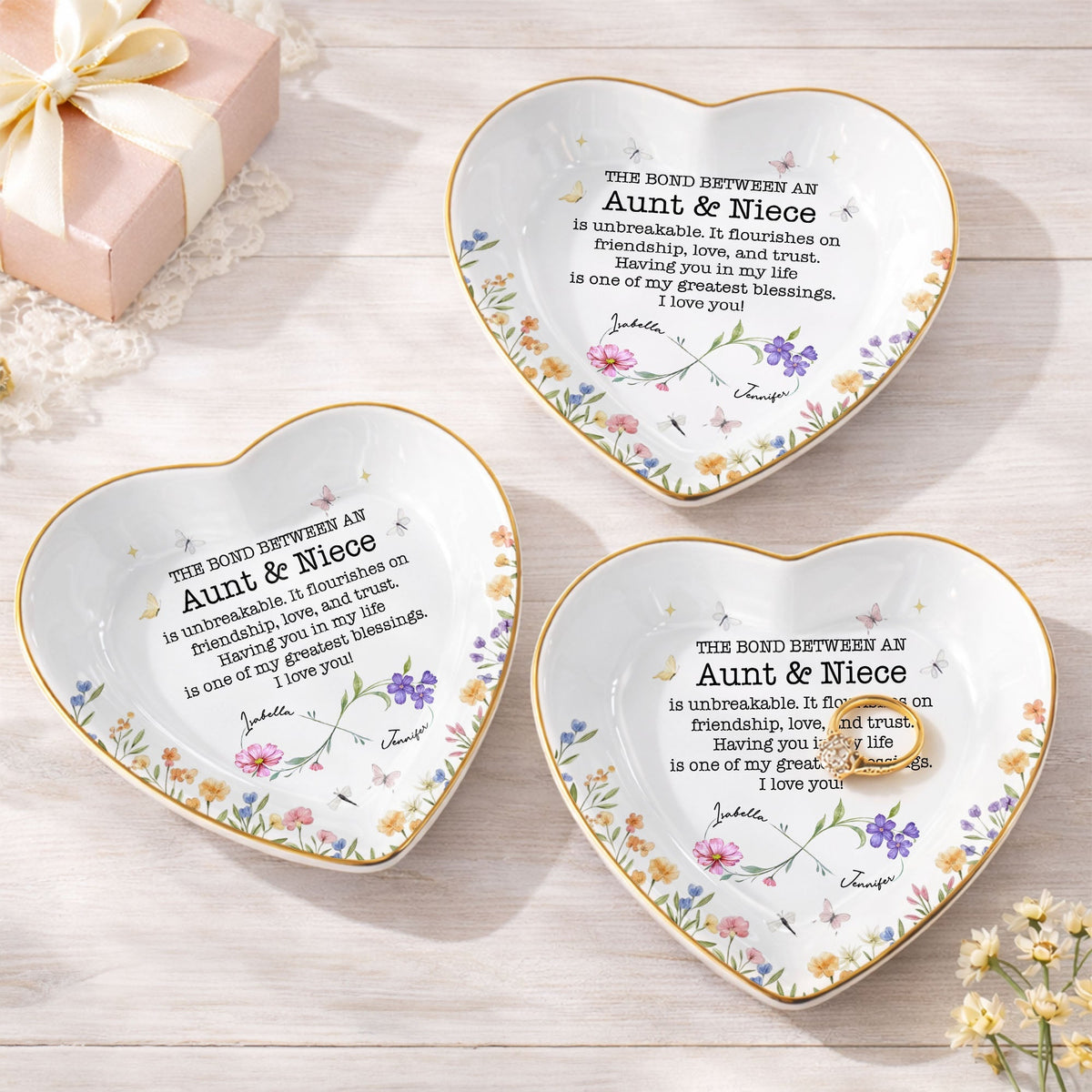 The Bond Between An Aunt And Niece Unbreakable Flower Butterfly Heart - Personalized Custom Jewelry Dish, Ceramic Dish, Heart Shape - NCE022_HCRF