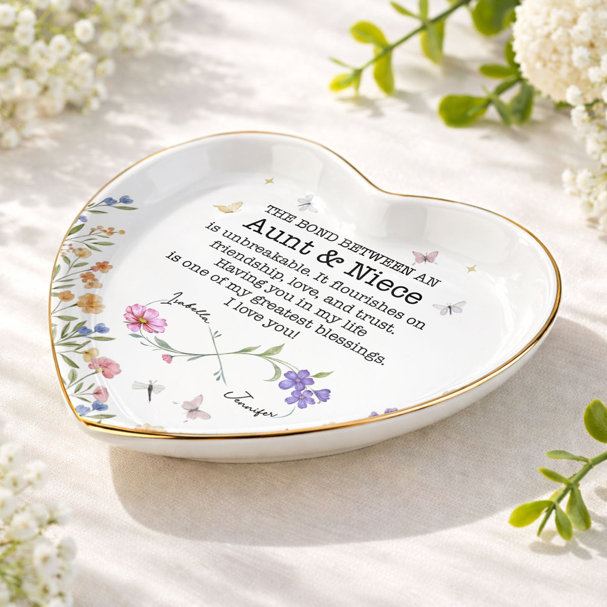 The Bond Between An Aunt And Niece Unbreakable Flower Butterfly Heart - Personalized Custom Jewelry Dish, Ceramic Dish, Heart Shape - NCE022_HCRF