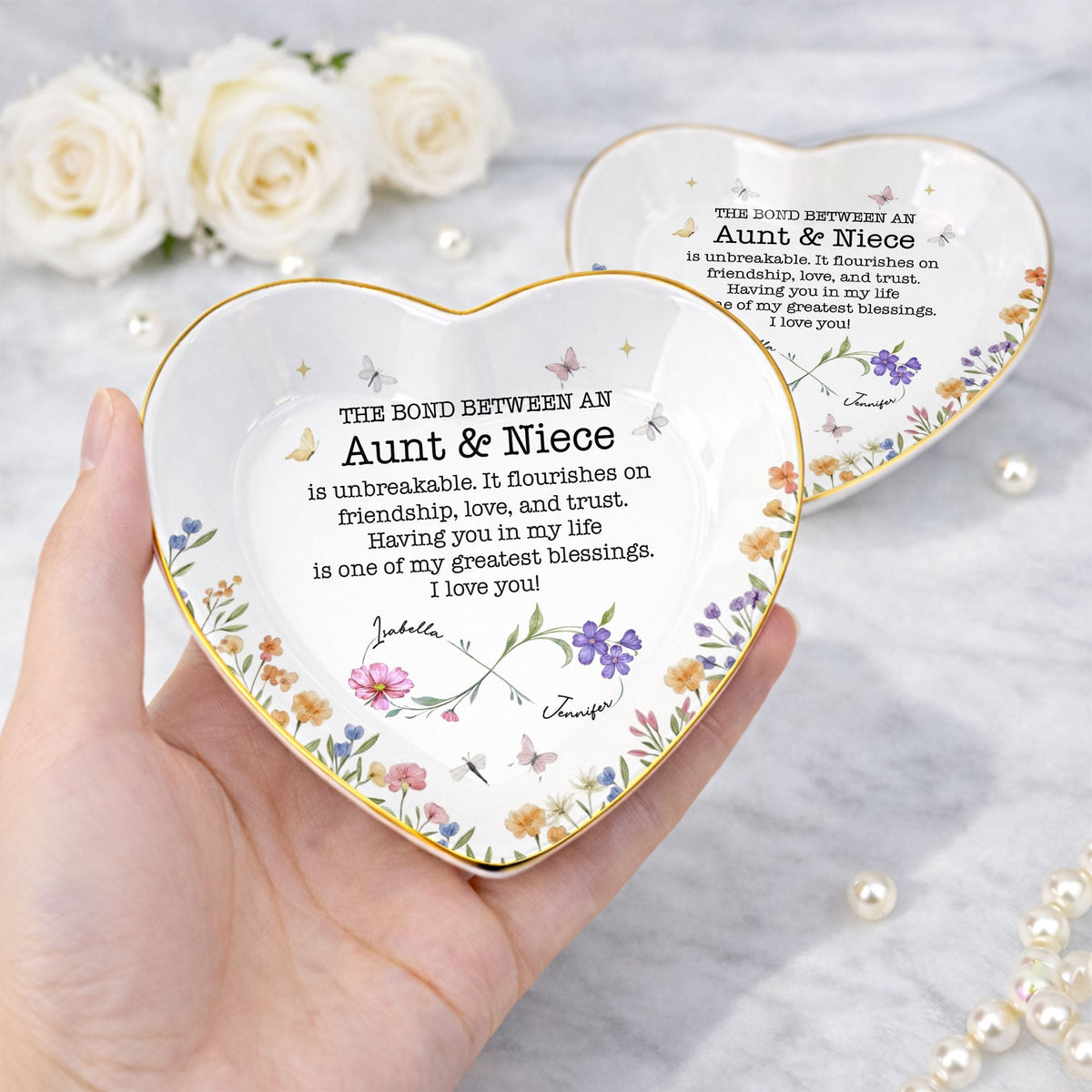 The Bond Between An Aunt And Niece Unbreakable Flower Butterfly Heart - Personalized Custom Jewelry Dish, Ceramic Dish, Heart Shape - NCE022_HCRF