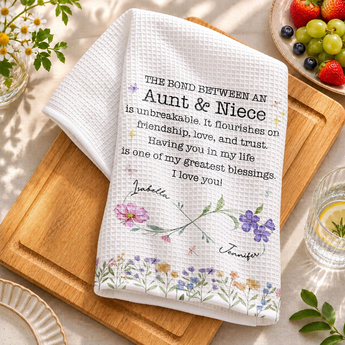 The Bond Between An Aunt And Niece Unbreakable Floral Birth Month Flowers - Personalized Kitchen Towel - NCE022_TOWL