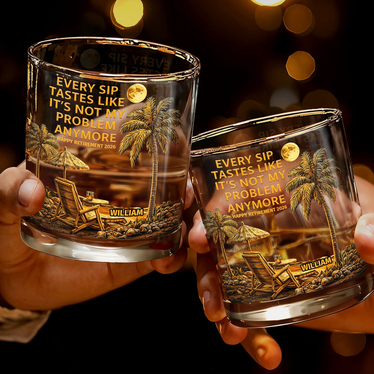 Every Sip Tastes Like It's Not My Problem Anymore, Palm Trees and Sunset - Personalized Custom Whiskey Glass - RETIRE024_RWG