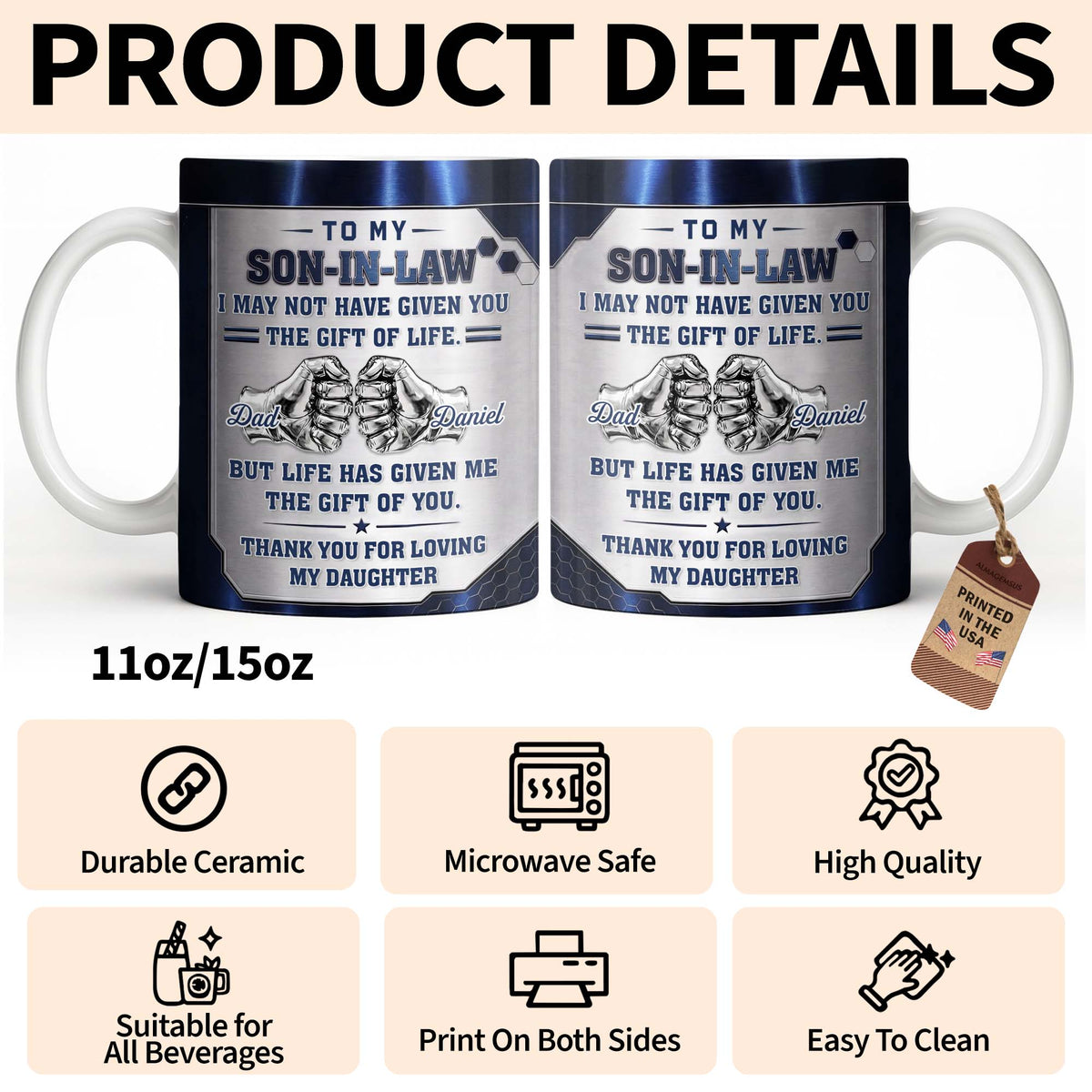To My Son In Law Gift Of Life Fist Bump Metal Style - Personalized Custom Coffee Mug - SILA083_MG