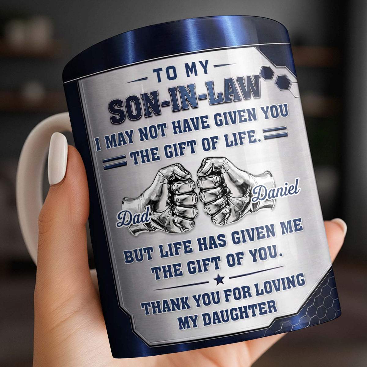 To My Son In Law Gift Of Life Fist Bump Metal Style - Personalized Custom Coffee Mug - SILA083_MG
