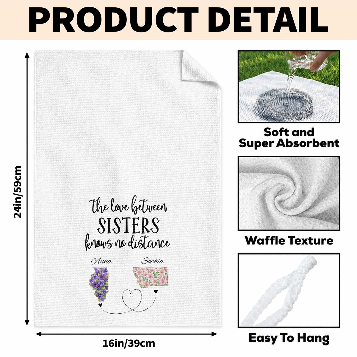 The Love Between Sisters Knows No Distance Floral State Map - Personalized Kitchen Towel - SIS047_TOWL