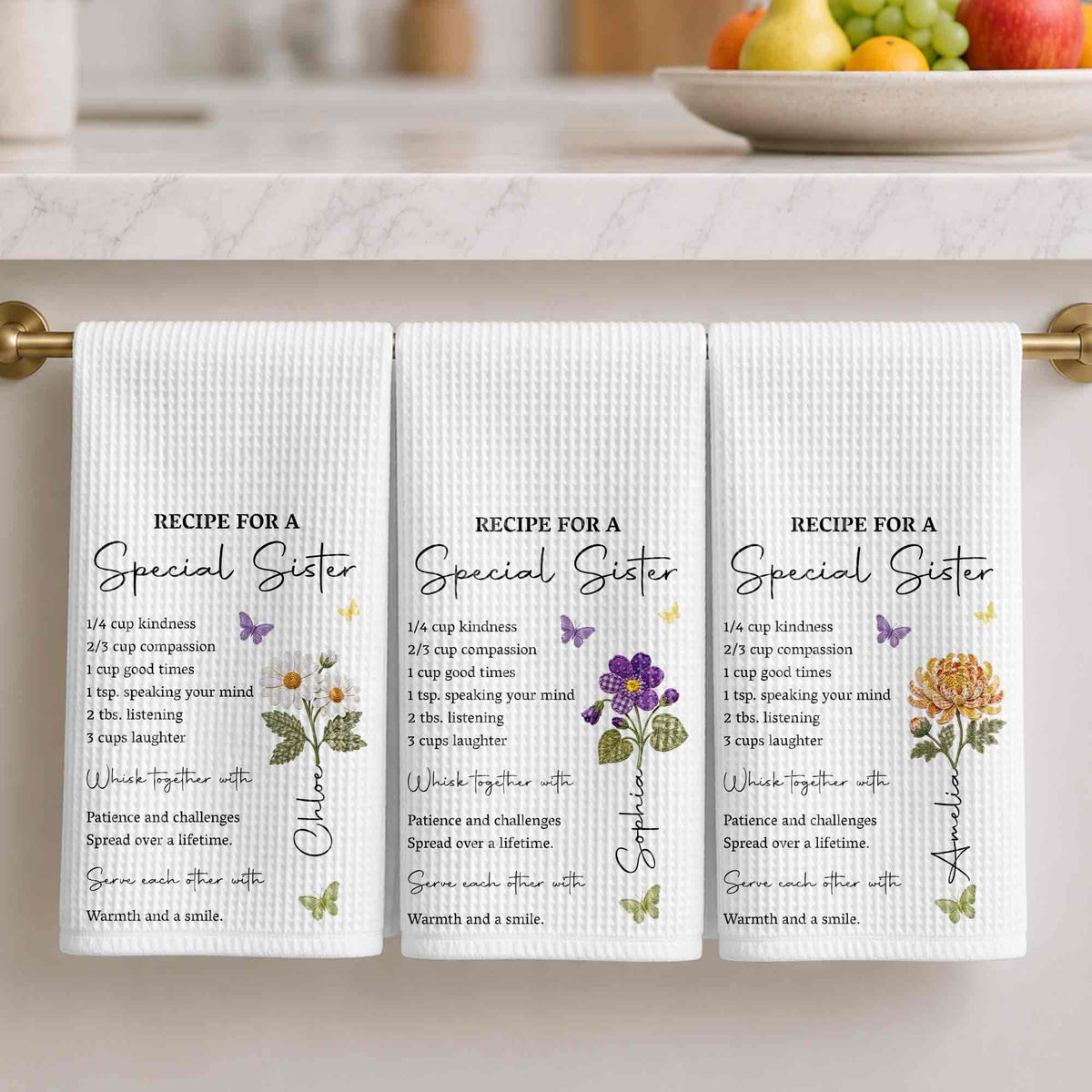 Recipe For A Special Sister With Purple Flower And Butterflies - Personalized Kitchen Towel - SIS057_TOWL