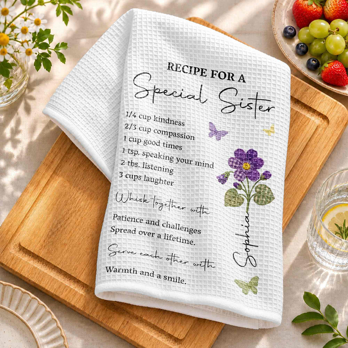 Recipe For A Special Sister With Purple Flower And Butterflies - Personalized Kitchen Towel - SIS057_TOWL