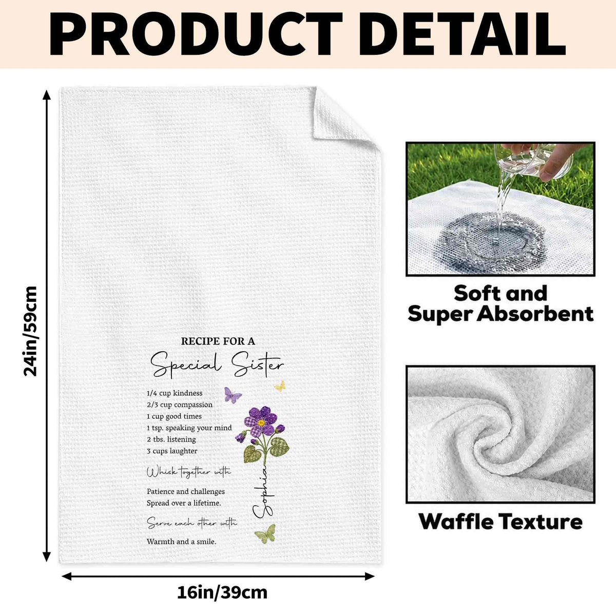 Recipe For A Special Sister With Purple Flower And Butterflies - Personalized Kitchen Towel - SIS057_TOWL