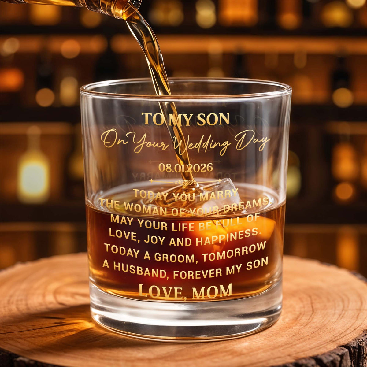 To My Son On Your Wedding Day Today A Groom Personalized Golden Design - Personalized Custom Whiskey Glass - SON152_RWG