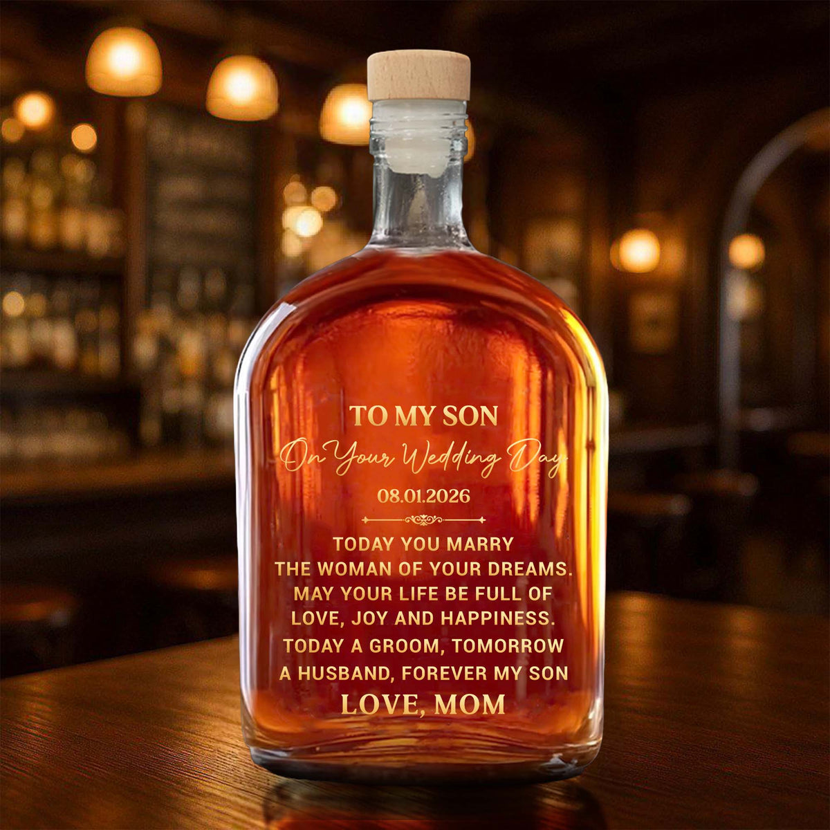 To My Son On Your Wedding Day Elegant Golden Text Husband Groom - Personalized Whiskey Bottle - SON152_WHIBA