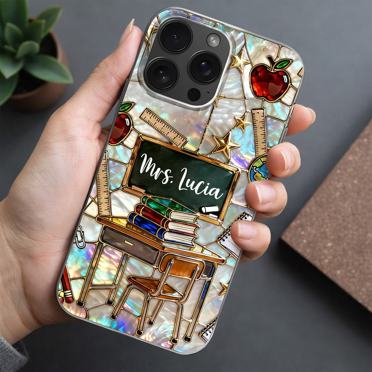 Classroom Inspired Teacher Book and Apple Design - Personalized Clear Phone Case - TEACH070_PHC