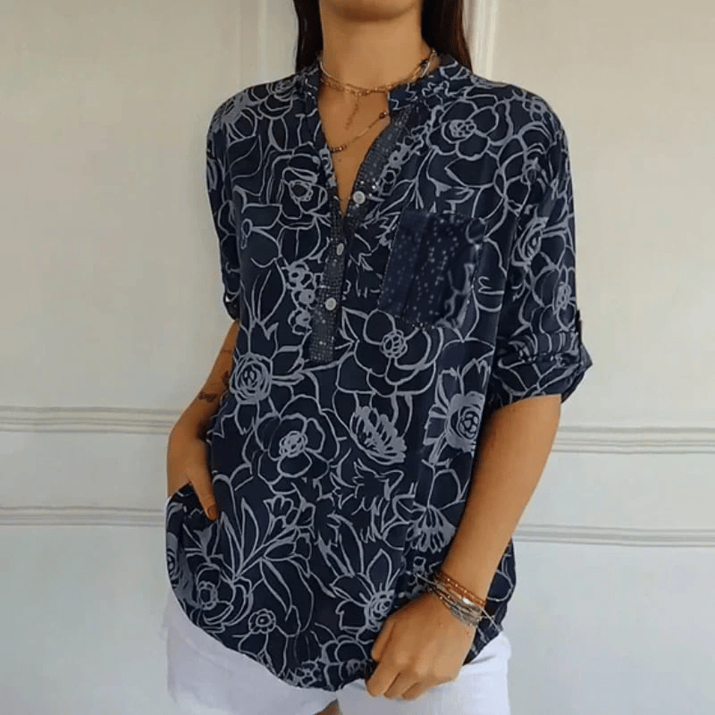 Round neck Button-Down Printed Blouse