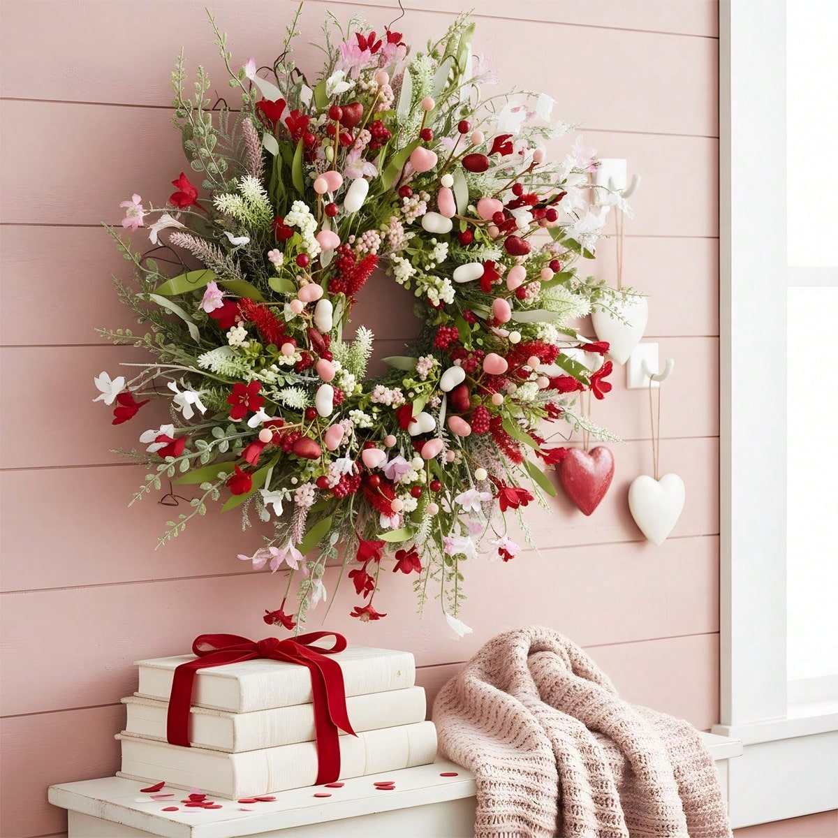 17.72' Spring Wreaths for Front Door Not Withering Artificial Floral Wreath with Wildflowers Summer Decorations for Indoor Outdoor Window Wall Farmhouse Porch Wedding Easter Home Decor Red Pink, Valentines Day, Mothers Day, Spring Decoration