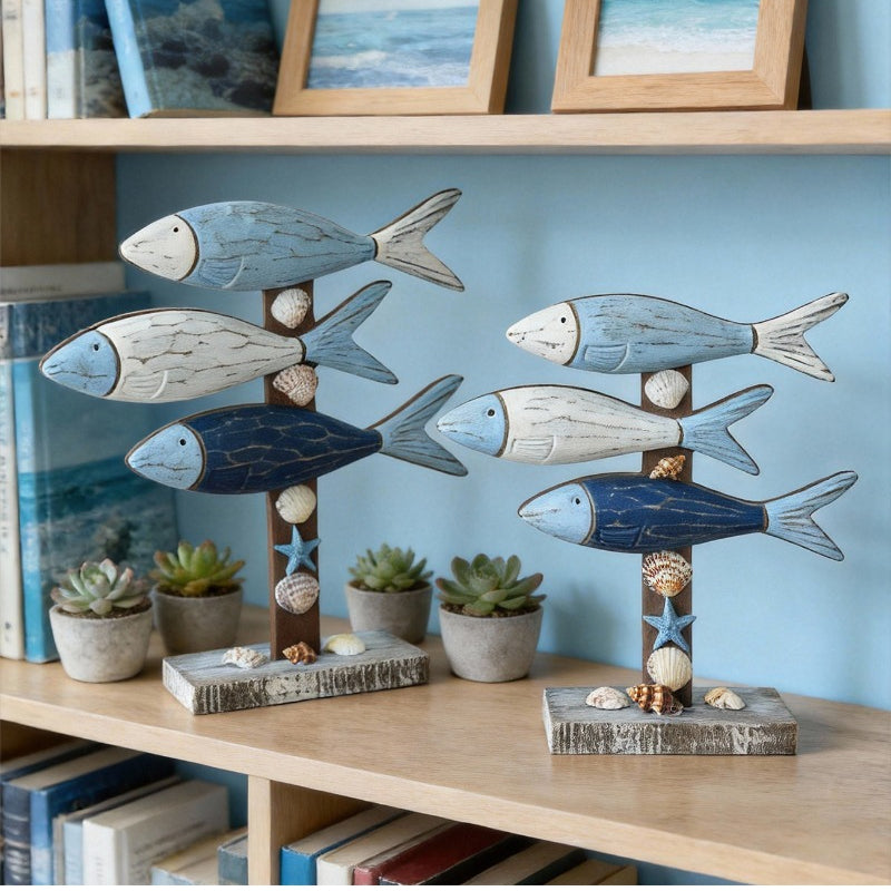 3-Tier Wooden Fish Nautical Decor, Mediterranean Coastal Tabletop Ornament with Seashells, Rustic Home Decor for Shelf And TV Stand
