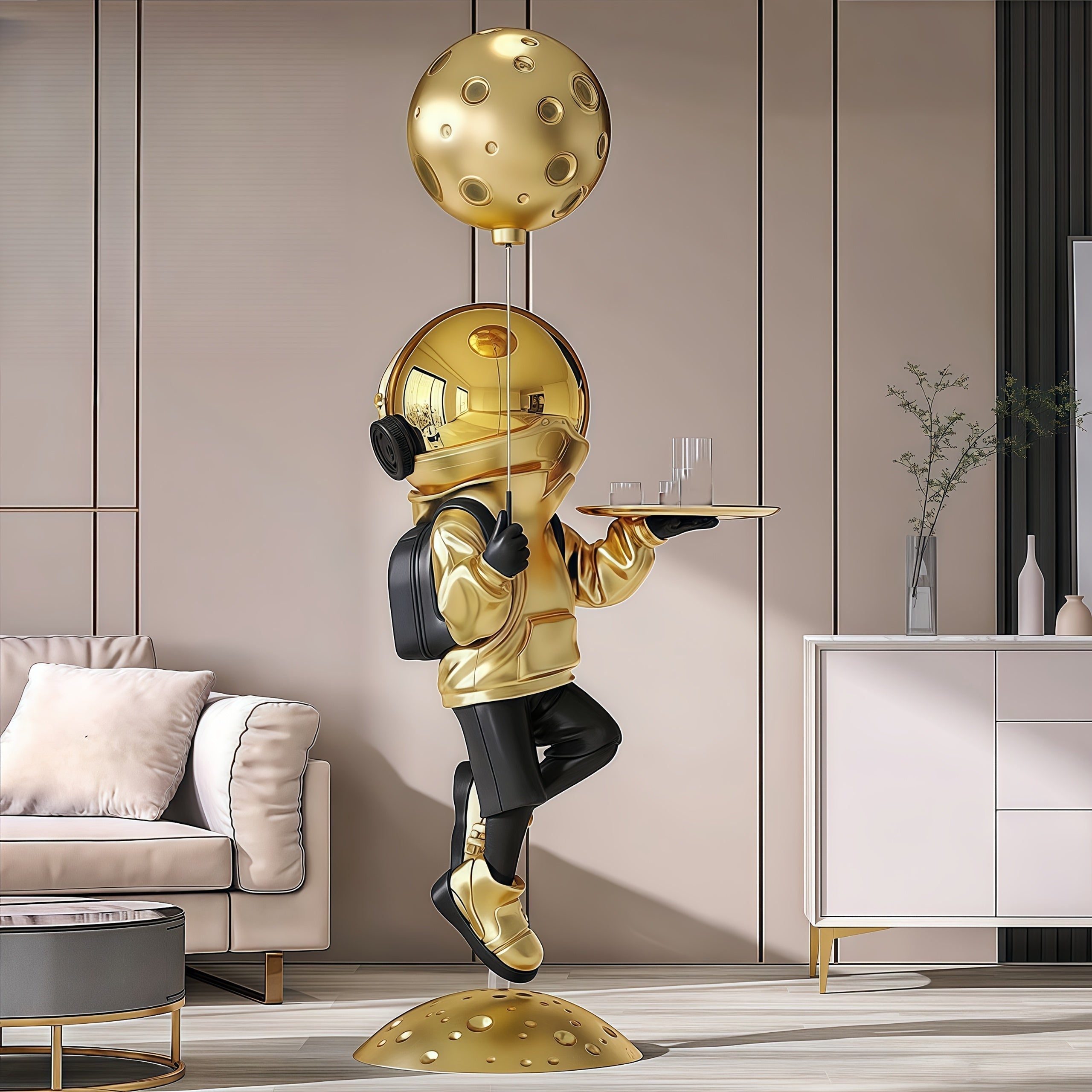 Space-Themed Decor Large Resin Astronaut Tabletop Decor - Golden & Black Space-Themed Furniture Sculpture with Serving Tray, No Electricity Needed for Living Room, Entryway, TV Cabinet - Whimsical Modern Home Decoration