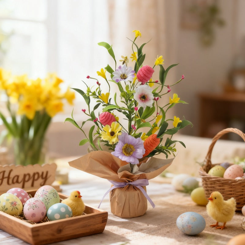 Small Artificial Tree Adorned with Flowers, Perfect for Spring Festival Tabletop Decor, a Maintenance-Free Easter Ornament Made of Plastic