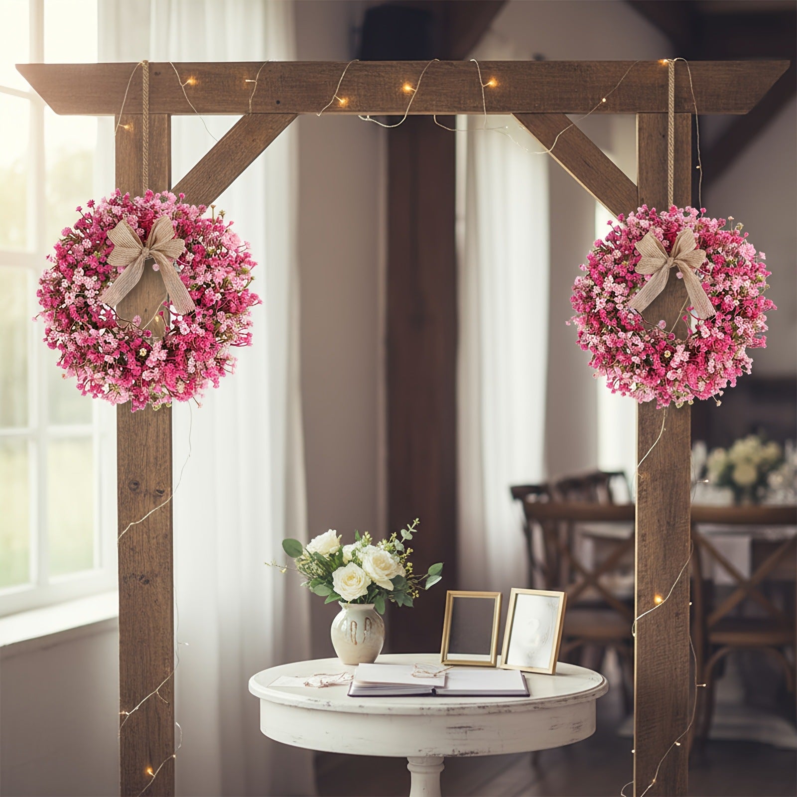 Wall-Mountable Artificial Wreath with Breath & Pink Bow - Colorful Plastic Faux Greenery Garland Suitable for Christmas, Wedding, Decor - Breath Ornaments, Year-Round Decoration for, Door, (No Maintenance)